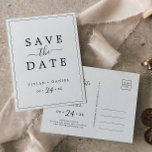 Tarjeta postal para guardar la fecha del anuncio m<br><div class="desc">Esta minimalista, salvo la postal del anuncio de fecha, es perfecta para un simple boda. El moderno diseño romántico presenta una tipografía clásica en blanco y negro, acompañada de una caligrafía rústica y elegante con un estilo de letra a mano vintage. Personalizable de cualquier color. Mantenga el diseño simple y...</div>