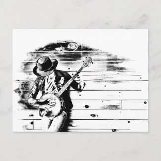 Tarjeta postal para hombre de banjo blanco y negro