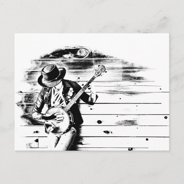Tarjeta postal para hombre de banjo blanco y negro (Anverso)