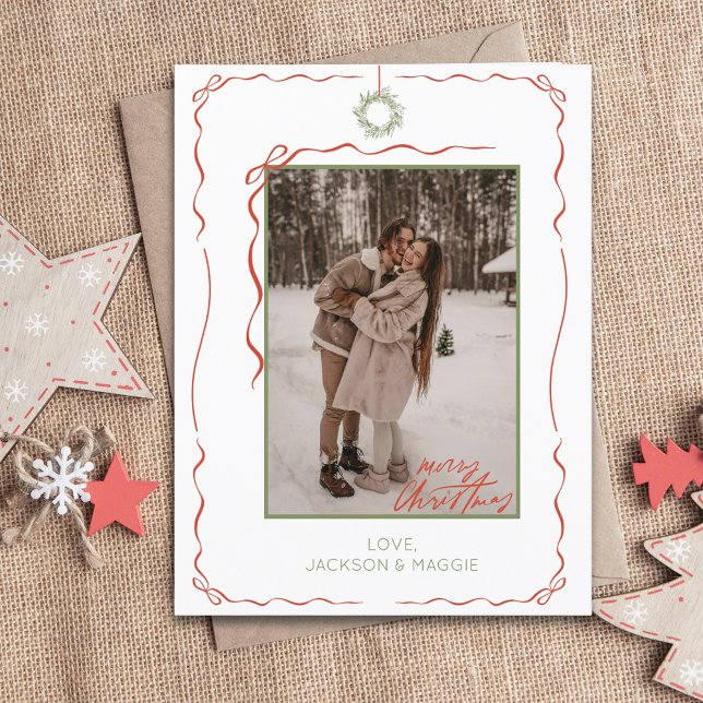 Tarjeta postal para Navidades de fotografía de Wre (Hand Drawn Wreath Red Bow Photo Christmas Postcard)