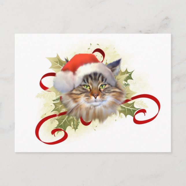 Tarjeta postal para Navidades del gato Maine Coon (Anverso)
