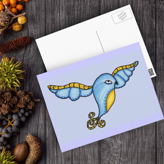 Tarjeta postal para pájaro en vuelo (Fantasy flying blue and yellow bird scrolled tail on blue postcard.)