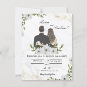 Tarjeta postal - Pareja ilustrada y flores blancas