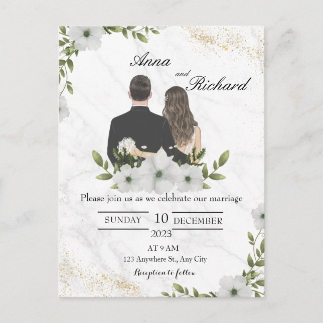Tarjeta postal - Pareja ilustrada y flores blancas (Anverso)