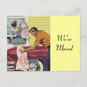 Tarjeta Postal Pareja Retro Se Muda Nueva Direcció