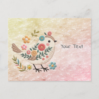 Tarjeta Postal Pequeño Pájaro Deja Flores Rosadas
