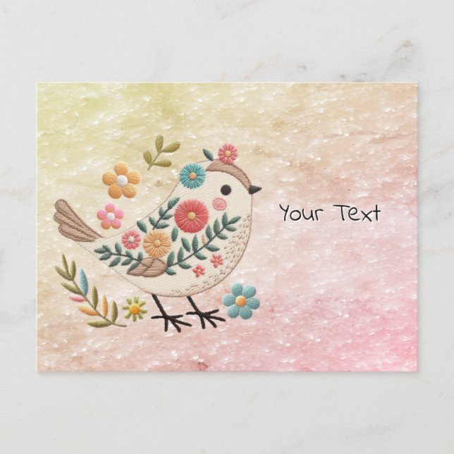Tarjeta Postal Pequeño Pájaro Deja Flores Rosadas (Anverso)
