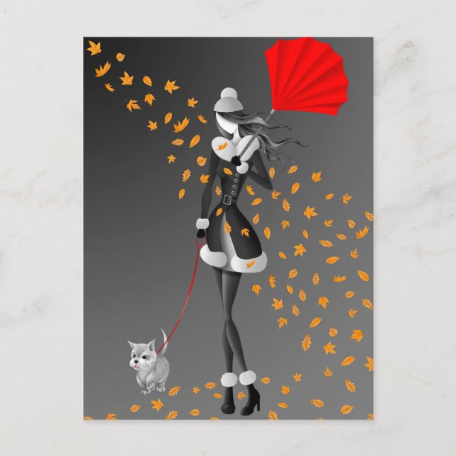 Tarjeta Postal Perro & Señora Hojas de Otoño Gris  (Anverso)