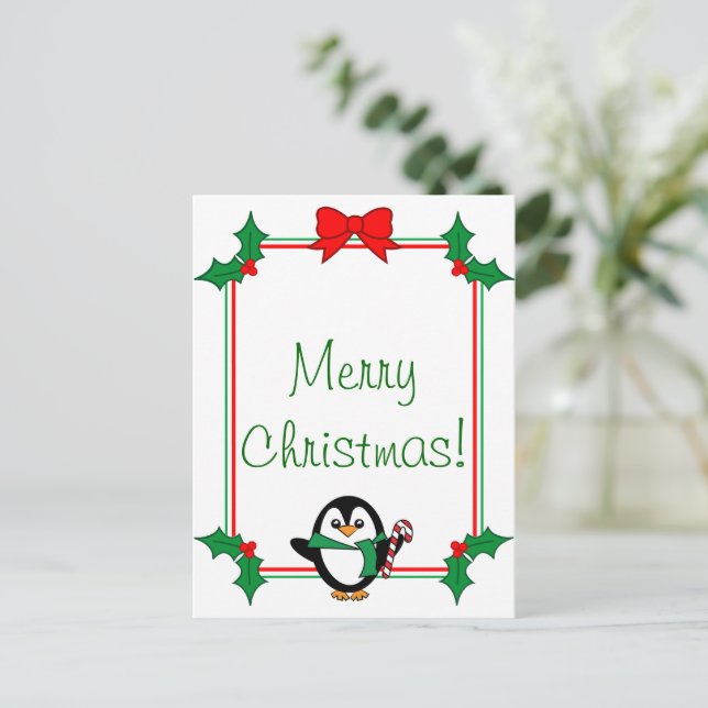Tarjeta postal pingüina para navidades (Anverso de pie)