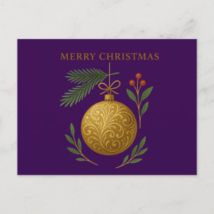 Tarjeta postal púrpura - Adorno dorado de Navidad