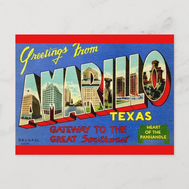 Tarjeta Postal Retro Amarillo TX (Anverso)
