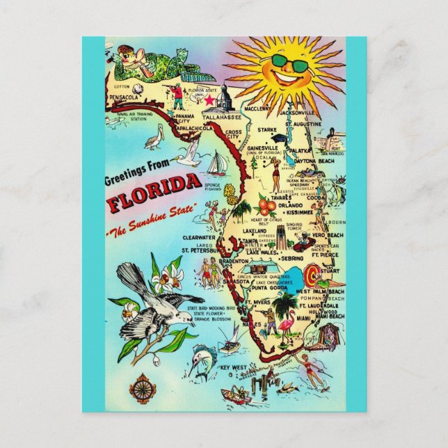 Tarjeta postal retro colorida de Florida (Anverso)