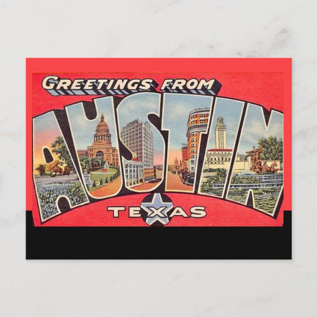 Tarjeta postal retro de Austin Texas línea negra (Anverso)