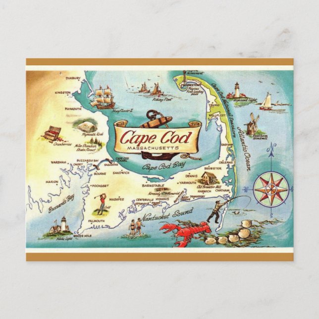 Tarjeta postal retro de Cape Cod MA (Anverso)