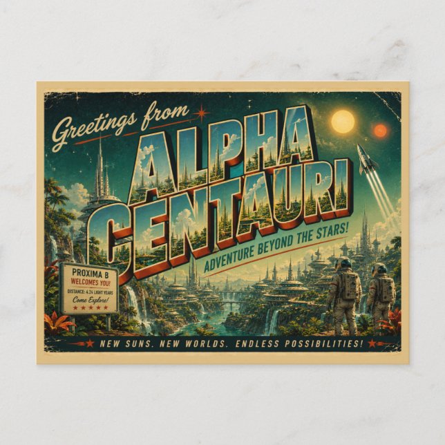 Tarjeta postal retro de ciencia ficción de Alpha C (Anverso)