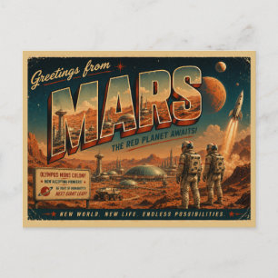 Tarjeta postal retro de ciencia ficción de Marte
