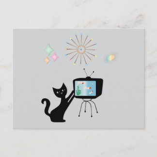 TARJETA POSTAL RETRO DE GATO ATÓMICO Y TELEVISOR A