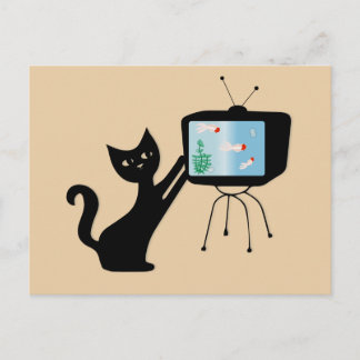 TARJETA POSTAL RETRO DE GATO ATÓMICO Y TELEVISOR A