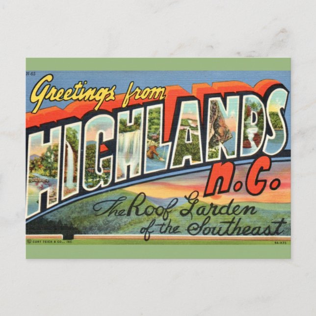 Tarjeta postal retro de Highlands NC (Anverso)
