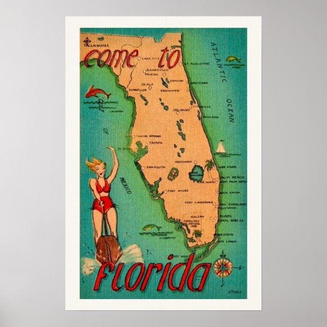 Tarjeta postal retro de impresión de Florida (Frente)