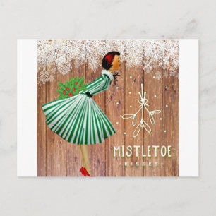 Tarjeta postal retro de Navidad besos de muérdago 
