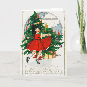 Tarjeta postal retro de Navidad, niño y árbol de N