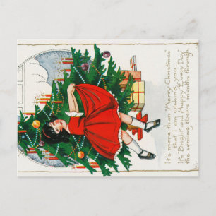 Tarjeta postal retro de Navidad, niño y árbol de N