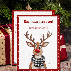 Tarjeta postal retro roja de Navidad con reno ador