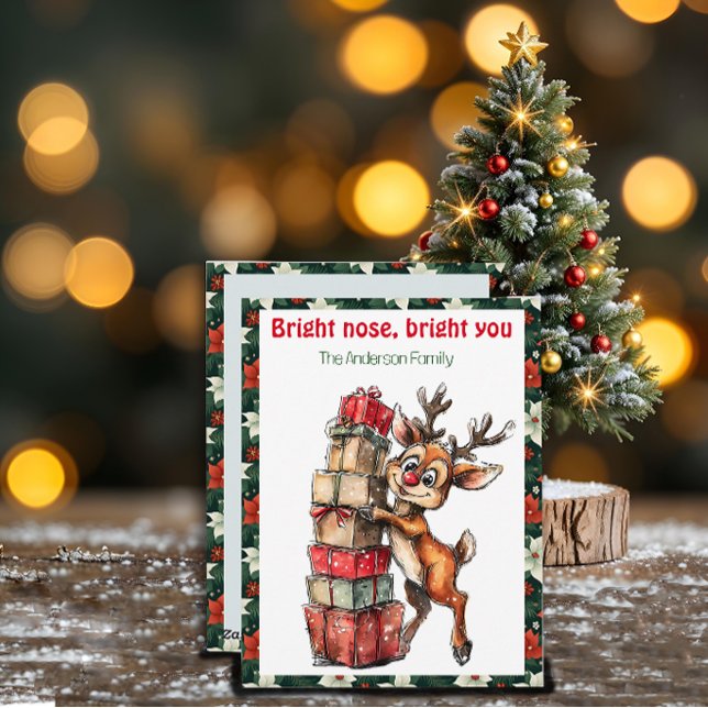 Tarjeta postal retro roja de Navidad con reno ador (Subido por el creador)