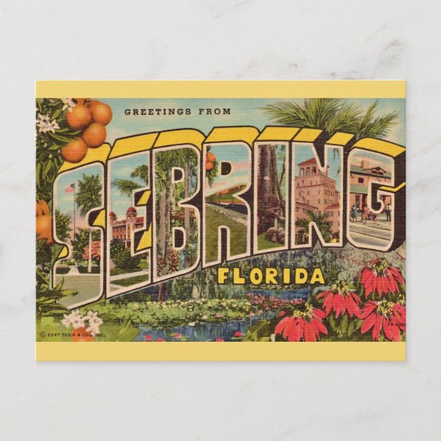 Tarjeta postal retro Sebring Florida (Anverso)