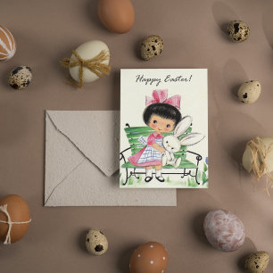 Tarjeta postal retro vintage de Pascua de niña fes