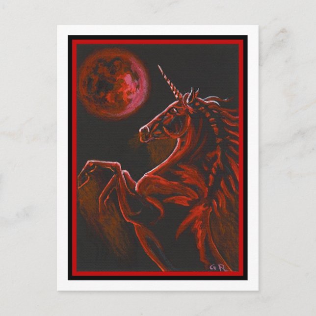 Tarjeta postal roja de unicornio (Anverso)