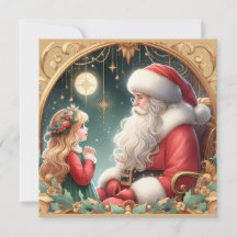 Tarjeta postal roja y dorada de Santa y una niña