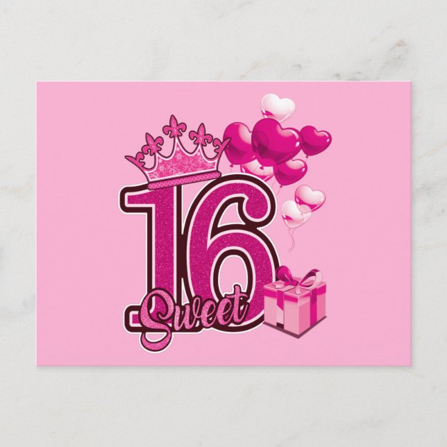 Tarjeta postal rosa de cumpleaños Sweet 16 (Anverso)