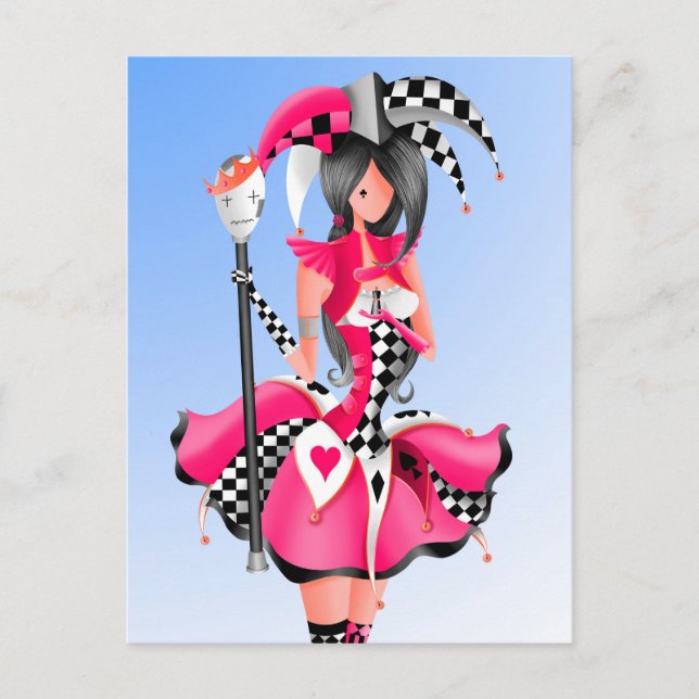 Tarjeta postal rosa Quirky Jester & Puppet King (Anverso)
