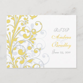 Tarjeta postal RSVP amarilla, gris y floral blanca