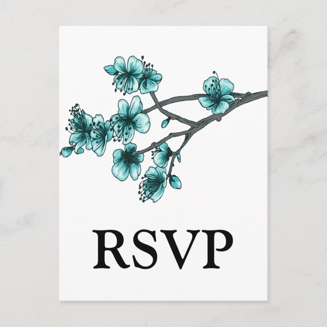 Tarjeta postal RSVP de Aqua Simple Cherry Blossoms (Anverso)