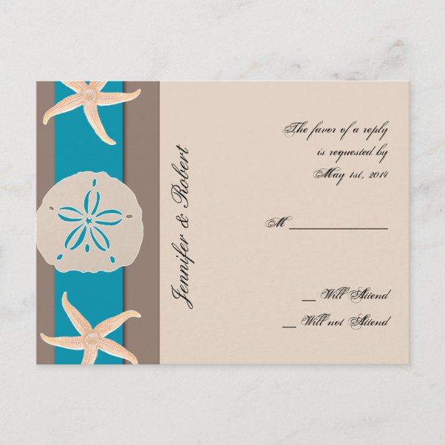Tarjeta postal RSVP de banda marrón y turquesa (Anverso)