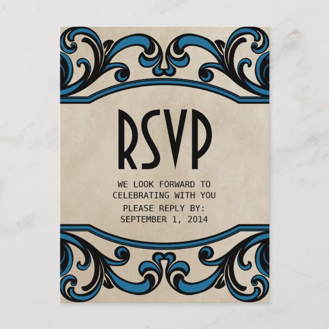 Tarjeta postal RSVP de Blue Gothic Swirls (Anverso)