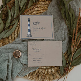 Tarjeta postal RSVP de boda blanca azul del faro