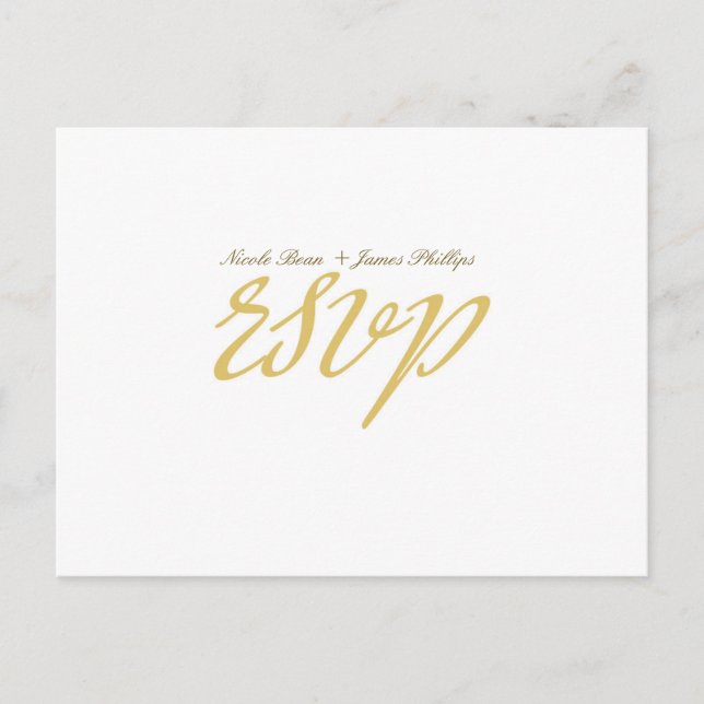 Tarjeta postal RSVP de Boda con Guión Blanco y Oro (Anverso)