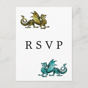 Tarjeta postal RSVP de Boda Dragónica Verde azulad