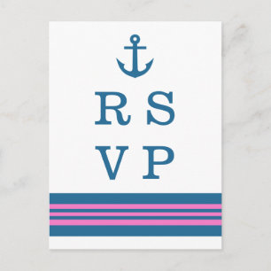Tarjeta postal RSVP de boda náutica rosa azul