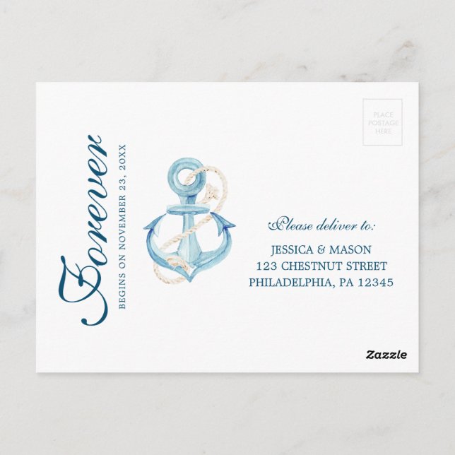 Tarjeta postal RSVP de boda naval náutica (Reverso)