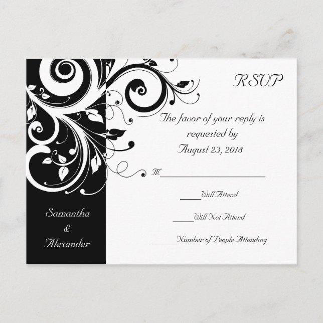 Tarjeta postal RSVP de Boda Negra + Blanca Inversa (Anverso)