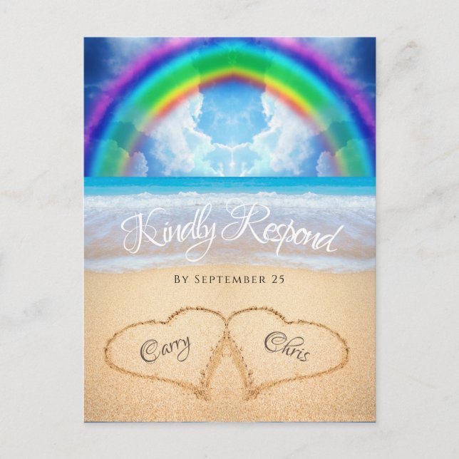 Tarjeta postal RSVP de boda Rainbow Sky Beach (Anverso)