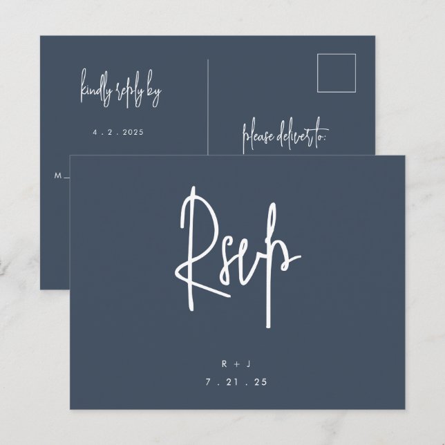 Tarjeta postal RSVP de boda simple por carta azul  (Anverso / Reverso)