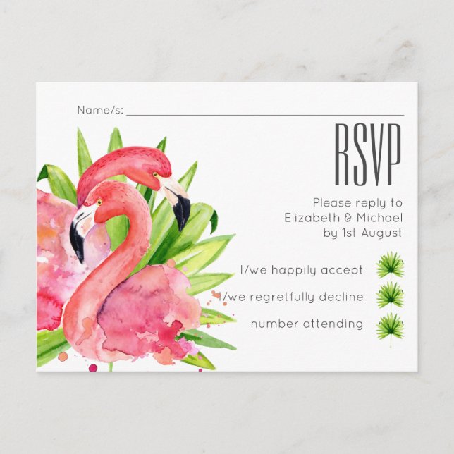 Tarjeta postal RSVP de boda tropical de flamencos (Anverso)