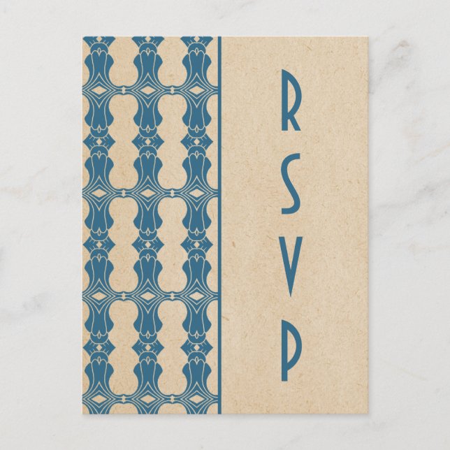 Tarjeta postal RSVP de borde azul Art Deco (Anverso)