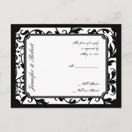 Tarjeta postal RSVP de damasco blanco y negro de m